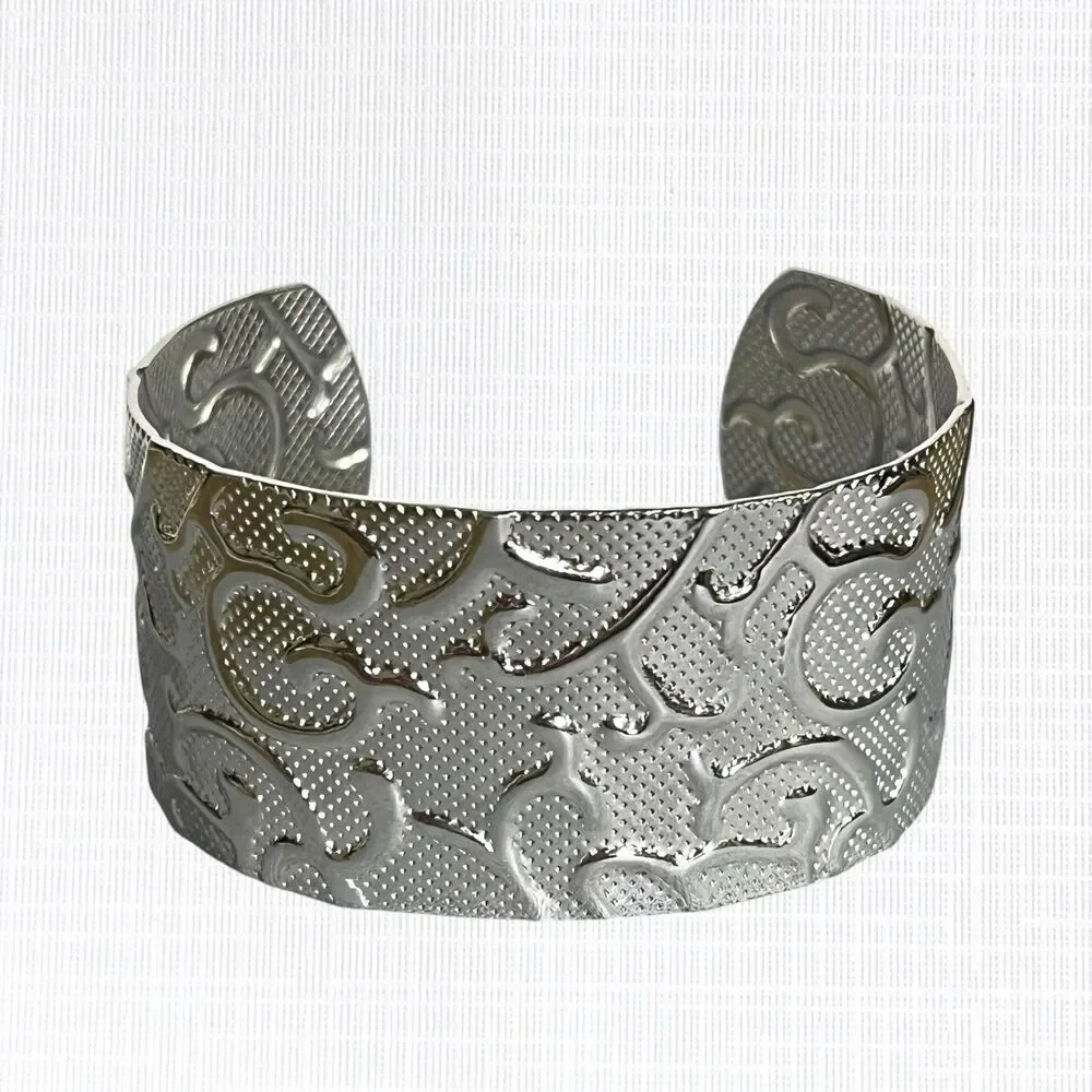 HOB Textured Cuff Bracelet Vines Scrollwork Silver Tone Stainless Steel Wide